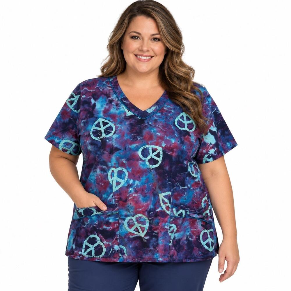 Landau Tunic Blouse Womens 2XL Tie Dye Peace V Neck Short Sleeve Scrub Top